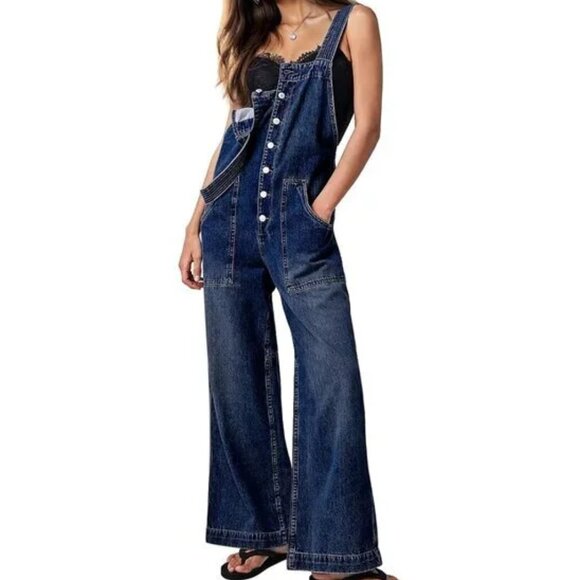 Knotted Strap Dark Wash Open Back Dungarees Overalls - Picture 2 of 3
